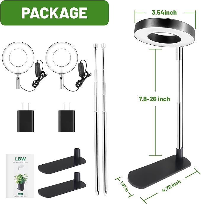 LBW Grow Lights for Indoor Plants, Full Spectrum Halo Grow Light with Base | 48 LED Plant Light for Small Plant, Base/Soil Stake, 7.8-26" Adjustable, 6/8/12/16H Timer, 3 Color Mode, 5 Brightness, 2 pack
