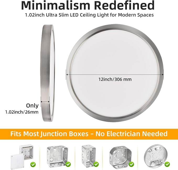 Hlite 12 inch Flush Mount LED Ceiling Light Fixture,2400LM,3CCT,6 Pack | 24W Super Slim Light Fixtures Ceiling Mount 3000K/4000K/5000K Selectable,Light Fixtures for Kitchen,Bedroom,Nickel