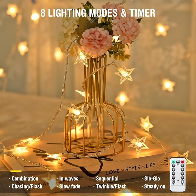 JMEXSUSS 100 LED Star String Lights USB Plug in, 33Ft Fairy Lights | Remote, Waterproof Hanging String Lights Indoor for Bedroom Tent Loft Bed Classroom Dorm Decor, Warm White