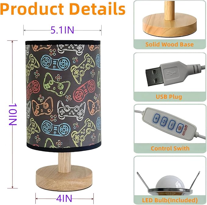 Video Game Table Lamp Kids Bedside Lamps for Bedroom 3 Colors Dimmable Nightstand Night Light Game Lover Decorative Lights with Flaxen Fabric Shade Desk Lamp for Girls Boys Home Playroom Decor