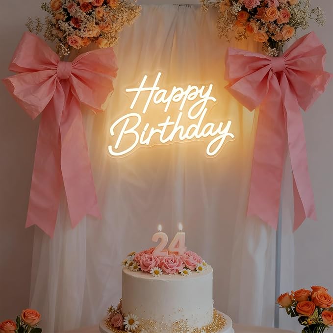 Happy Birthday Neon Sign for Wall Decor, LED Happy Birthday Light Up Sign with 10 Pcs Ballons, Dimmable Happy Birthday Lights Signs for All Birthday Party Decorations Backdrop, Warm White