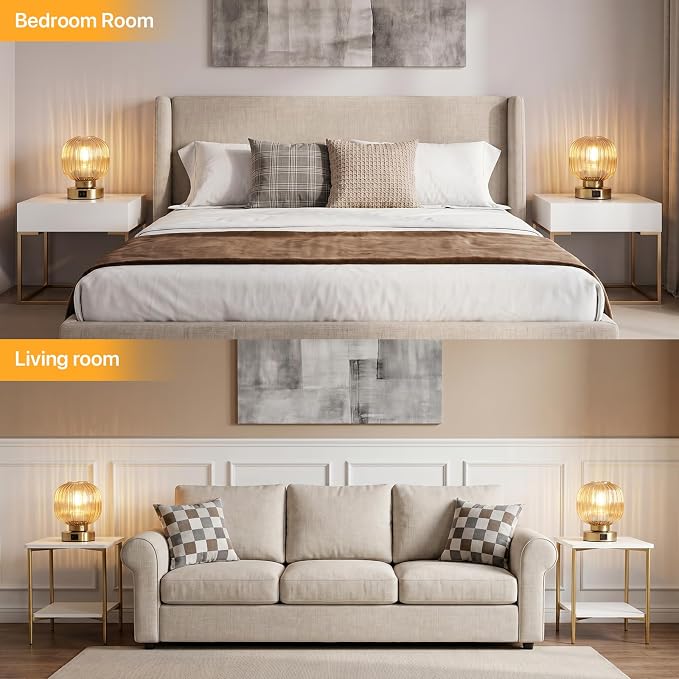 Elenhome Touch Table Lamp Set of 2, 3-Way Dimmable with Glass Shade, USB-C+A Charging Ports, Mid-Century Modern Small Bedside Lamps for Nightstand, Bedroom, and Living Room, LED Bulb Included (Amber)