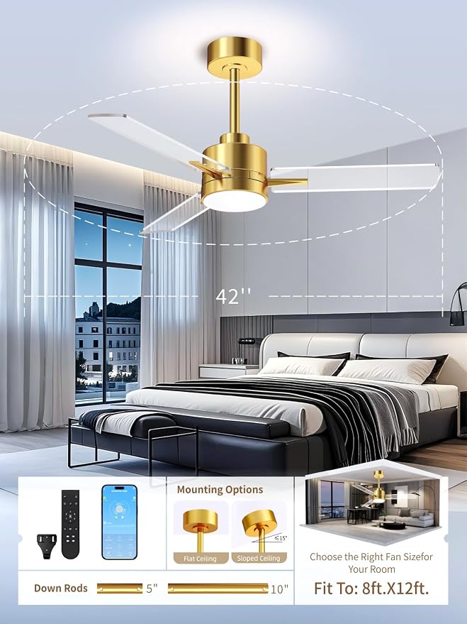 LANMEL Metal Ceiling Fan with Lights and Remote, 42 Inch, Gold & Transp | Modern Low Profile Flush Mount, Reversible, 3CCT Dimmable, Quiet, LED, For Bedroom, Living Room, Indoor/Outdoor Patio Use