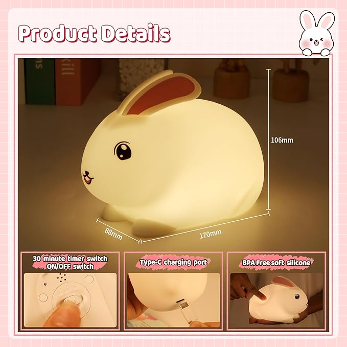 Baby Night Light 7-Color: Soft Silicone Nursery Light for Kids Room Decor with Portable Rechargeable Cute NightLamp Animal Lights - Gifts for Children Toddler
