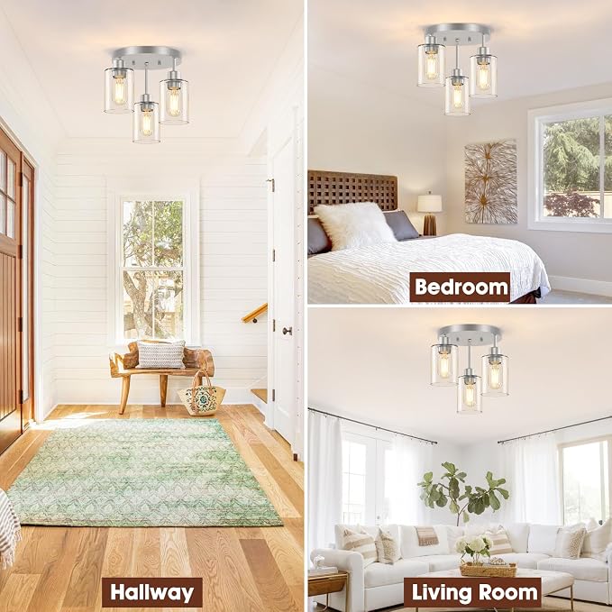 3-Light Brushed Nickel Flush Mount Ceiling Light, Hallway Light Fixtures Ceiling Mount with Clear Glass Shades, Modern Close to Ceiling Light Fixtures for Kitchen Foyer Entrayway