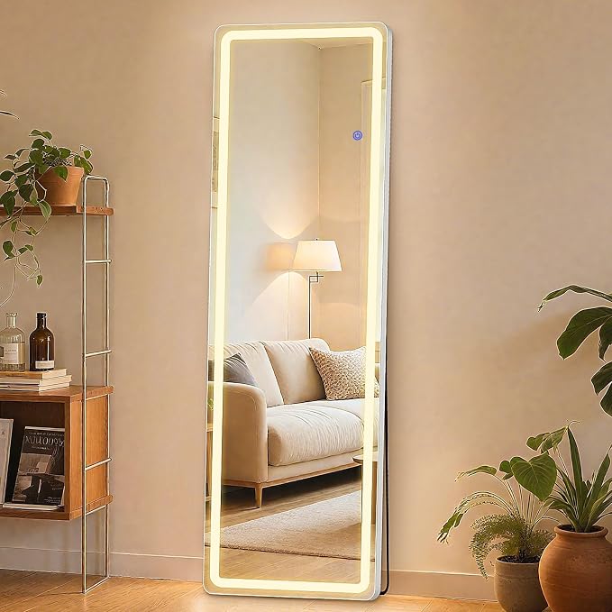 Sweetcrispy LED Full Length Floor Mirror, 60"x16" Lighted Full Body Mirror | Standing Mirror with Dimming & 3 Color Lighting, Shatterproof Tempered Glass, Wall Hanging or Leaning for Home Decor, White