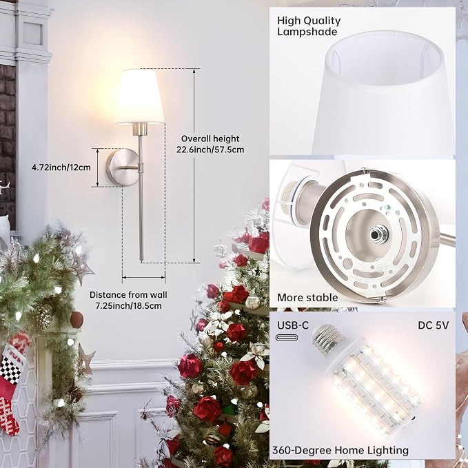 Shenmoyl Battery Operated Wall Sconces Set of 2, 80H Usage Time 22.6" Rechargeable Wall Light with Dimmable Bulb, 12 Colors Wall Sconce for Bedroom Living Room, Silver