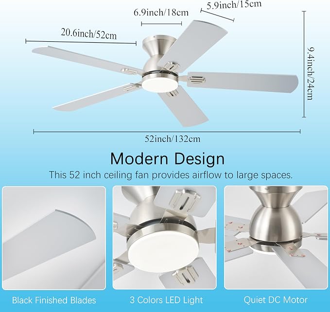 KNUN Ceiling Fans with Lights,52 Inch Low Profile Ceiling Fans with Remote Control and App,3 Color Dimmable LED, 6 Speeds DC Reversible,Noiseless, Flush Mount Ceiling Fan for Bedroom, Outdoor Patio