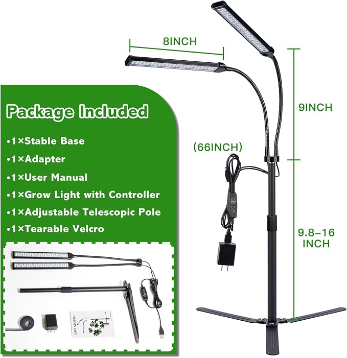 Grow Lights for Indoor Plants, Full Spectrum LED Tabletop Plant Lights for Indoor Growing, Dual-Head Gooseneck Plant Lamp with 5 Dimmable & Auto On/Off 4/8/12/18H Timer, Height Adjustable 9.8-25''