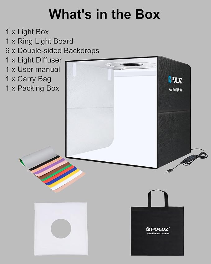 PULUZ Light Box Photography, 20x20 inch Large Photo Light Box with 200 LED Beads, CRI >95, Professional Portable Photo Booth Shooting Tent Kit with 12 Color Backdrops for Product Photography