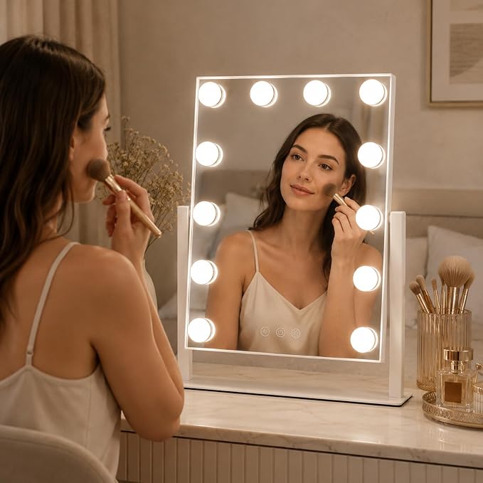 Makeup Mirror with Lights, 10X Magnification, 16.5x13.1in | 3 color modes & dimmable brightness, memory function, perfect for vanity & bedroom, gift for women