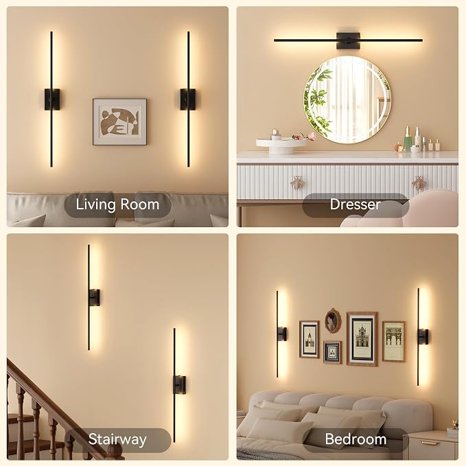 Battery Operated Wall Sconces Set of 2, 10000mAh Wireless Rechargeable 3000-6000K Dimmable 350° Rotate Wall Light with Remote for Living Room, Bedroom 23.6in Black