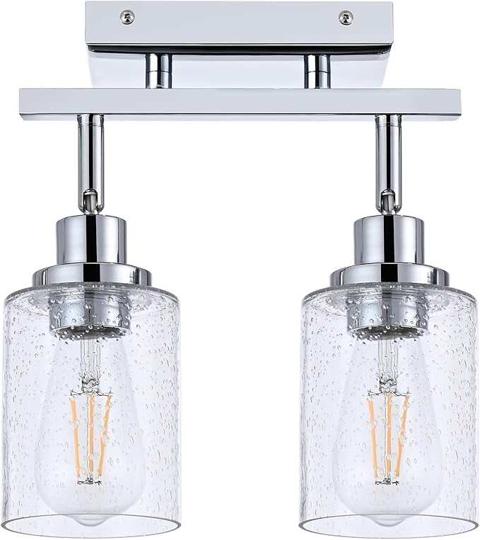 2-Light Chrome Track Lighting Kit Ceiling Kitchen Track Light Fixture with Seeded Glass, Multi-Directional Rotating Track Lighting Heads Spotlight Fixtures for Accent Shop Bathroom Vanity