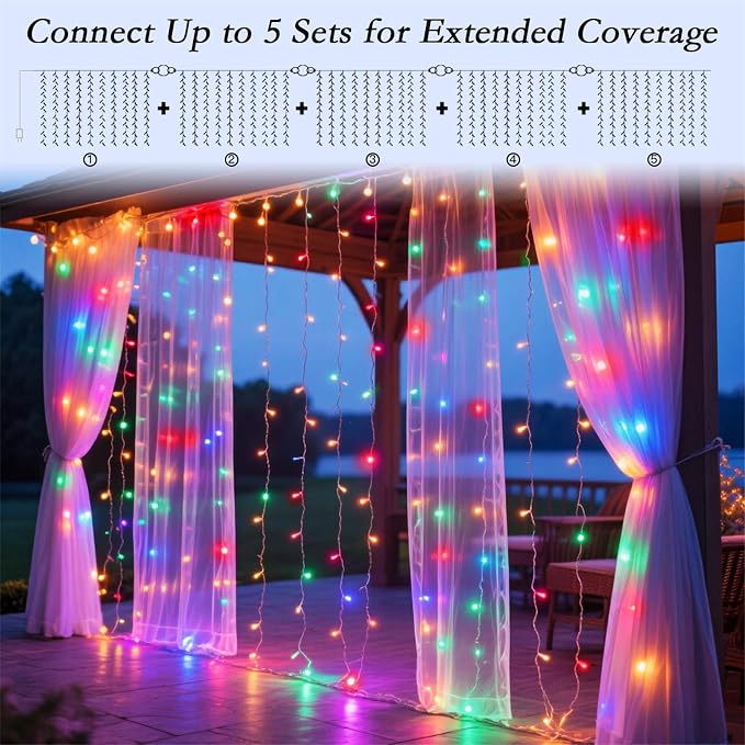 300 LED Multicolor Rainbow Curtain String Lights 9.8x9.8FT, Plug in Fairy Lights with 9 Hooks, Dimmable, Timer & 8 Modes, IP44 Waterproof, Bedroom Party Wedding Backdrop Christmas Outdoor Decor