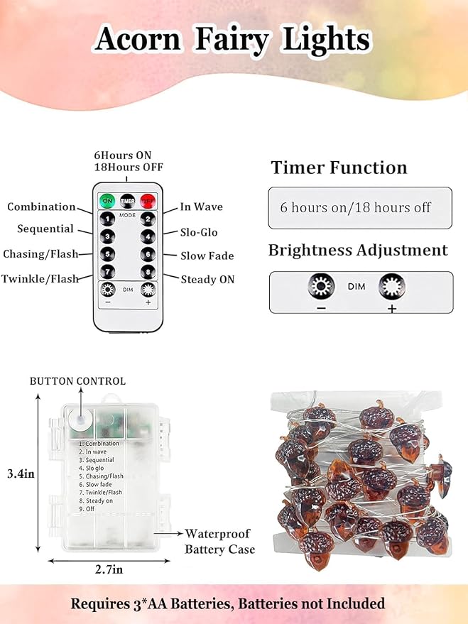 EXF Fall Decor Acorn Fairy Lights Battery Operated with Remote 10FT 30 LED | 8 Modes & Timer, IP44 Waterproof Halloween Twinkle String Lights for Indoor Outdoor Autumn Harvest Thanksgiving Day Decor