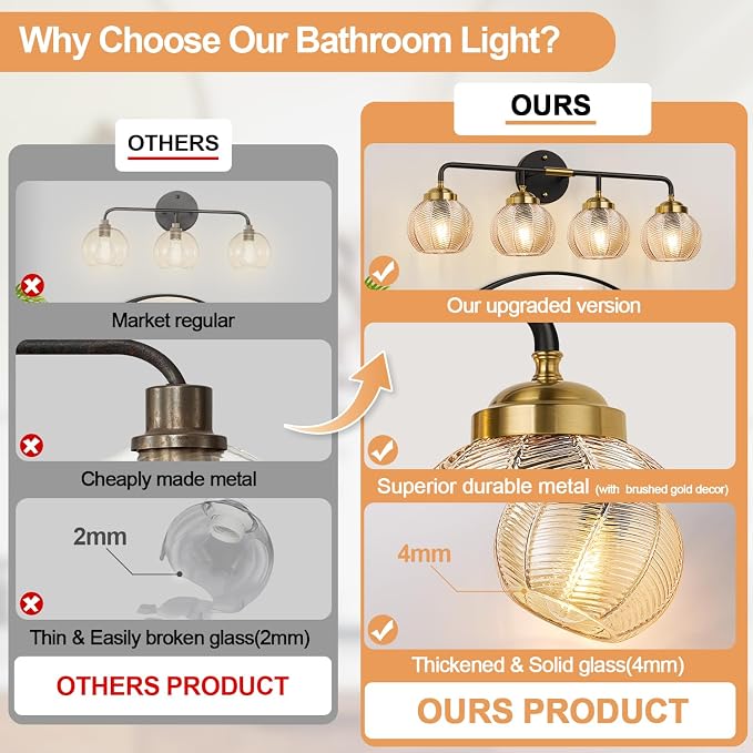 MOKATNG Bathroom Light Fixtures, 4-Light Amber Vanity Lights with Unique Leaf Texture Glass Shade, Modern Matte Black and Gold Bathroom Wall Lamp for Mirror Hallway Cabinet Living Room
