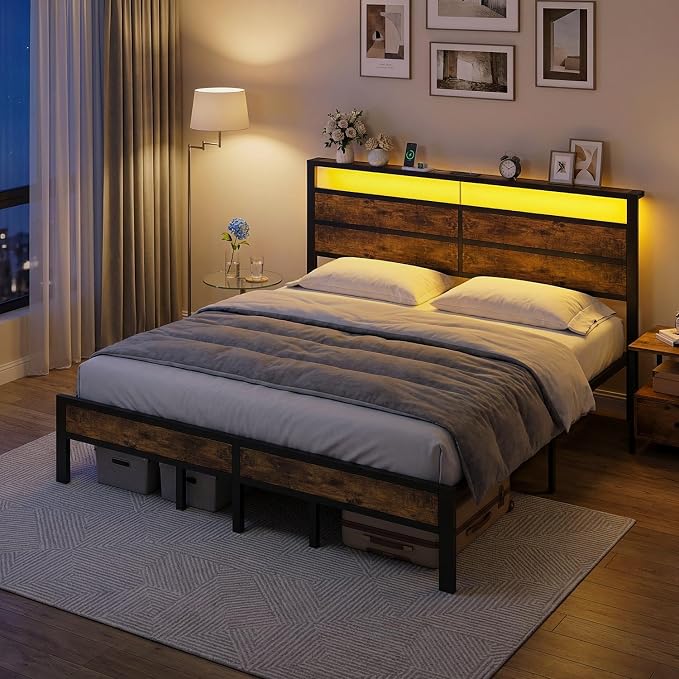 King Size Bed Frame with LED Lights and Charging Station | Brown Metal Platform Bed, Wood Headboard, Sturdy Slats, No Box Spring Needed, Noise Free, Easy Assembly