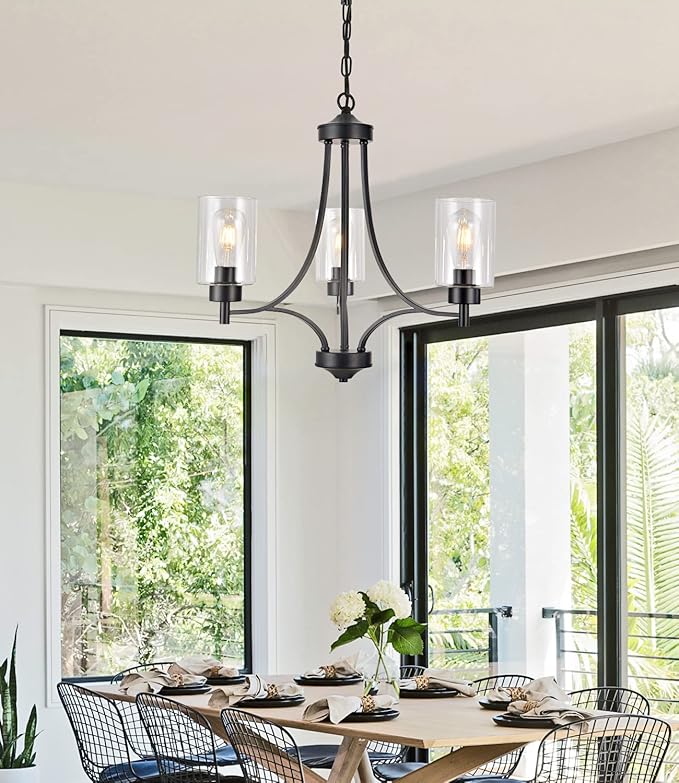 BOZO 3 Lights Black Chandeliers for Dining Room Light Fixture Over Table, Entryway Chandelier for Foyer, Hallway Lighting Fixtures with Glass Shade for Dining Room Kitchen Island Foyer Hallway