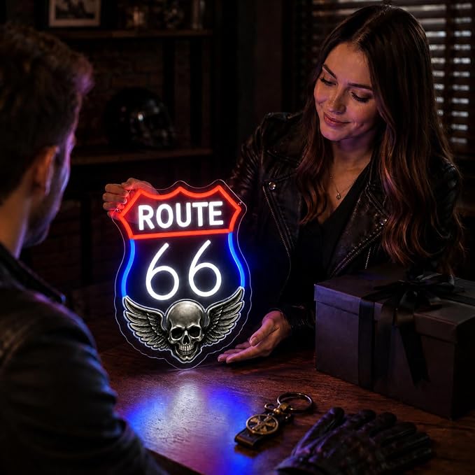 Route 66 Neon Sign Vintage LED Wall Decor Skull Wings Garage Man Cave Light