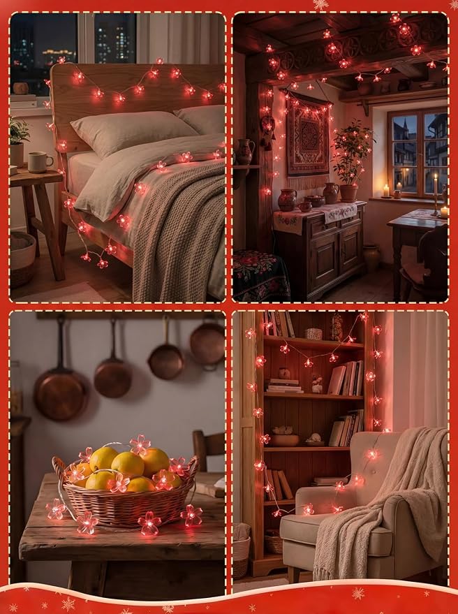 Flower Battery Operated Indoor String Lights 30L Cherry Blossom Fairy Light | Waterproof Outdoor Garden Party Camping Birthday Wedding Room Red