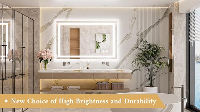 LED Bathroom Mirror with Lights 40 x 24 Brighter Light up Mirror for Bathroom Vanity, Front and Backlit 3-Color Dimmable Illuminated Antifog Mirror Wall Mounted, Waterproof, Tempered Glass
