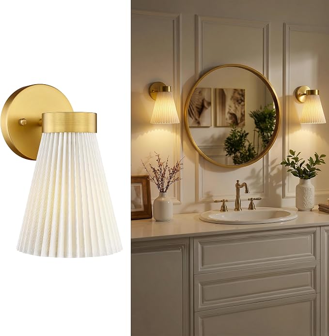 Fabric Bathroom Light Fixture, HWH 1-Light Sconce Wall Lighting with Milk White Striped Fabric Shade, Brushed Gold Finish, Modern Vanity Lights for Bathroom Bedroom, 5HZG97B BG-FB