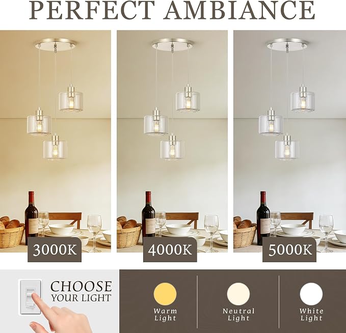 Brushed Nickel Dining Room Chandelier Light Fixture, 3-Light Pendant Lighting with Clear Glass, Modern Kitchen Island Cluster Hanging Pendant Lights for Kitchen Dining Room, OS-YQ8153-3BNC