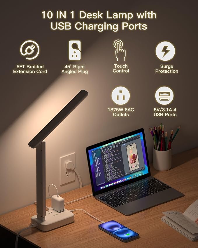 Desk Lamp,Power Strip with 6 AC Outlets & 4 USB Ports, Dorm Room Essentials | One Beat Touch Control LED Lamp, 4 Color Modes 5 Brightness Levels,Eye-Caring Reading Lamp,5ft Cord,Study Home Office College