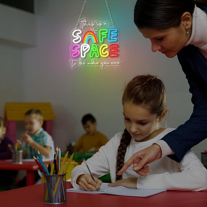 13x13 Inches Safe Space Neon Sign This Is a Safe Space to Be Who You Are LED Neon Sign Dimmable Light up for School Counselor Nurse Classroom Therapy Office Wall Decor