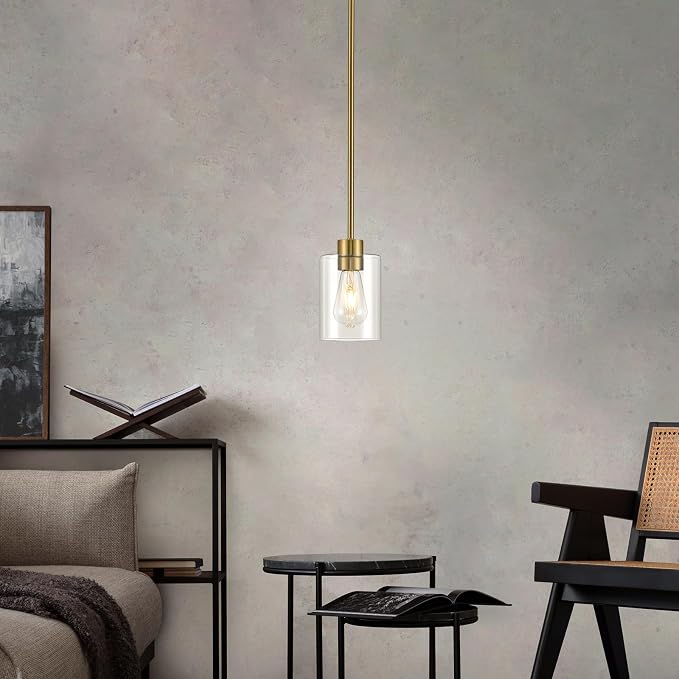 Modern Farmhouse Brass Gold Pendant Lights, Mini Hanging Light Fixture with Clear Glass Shade, Adjustable Rods for Kitchen Island, Sink, Bar (2 Pack)