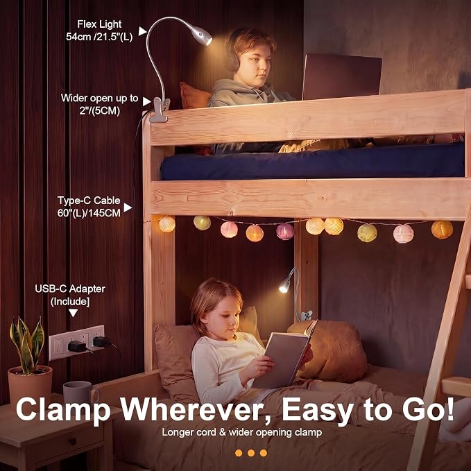 1 Pcs LED Clip on Reading Light for Bed Headboard, 3 Color Dimmable Stepless Book Light with Flexible Gooseneck Clamp Desk Lamp for Reading with USB for Bedroom, Dorms, Office, Studio (Silver)