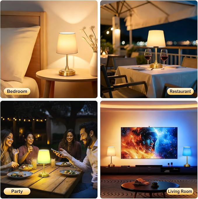 Wowag Small Cordless Table Lamp Rechargeable,5000mAh Battery Operated Desk Lamp,3 Colors & 7 RGB Stepless Dimmable,Touch Ambient Light for Bedside,Bedroom,Dining Room,Living Room,Gold,WhiteShade