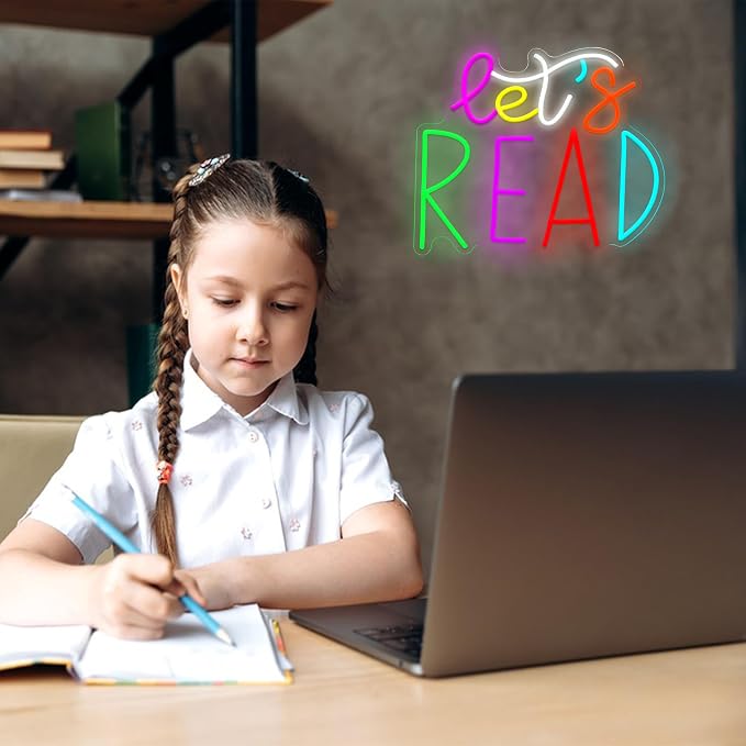 Let's Read Neon Sign for Wall Decor Neon Light Reading USB Powered Reading Motivational Light LED Sign for Classroom School Study Space Bedroom Club(12.6 * 15.35In)
