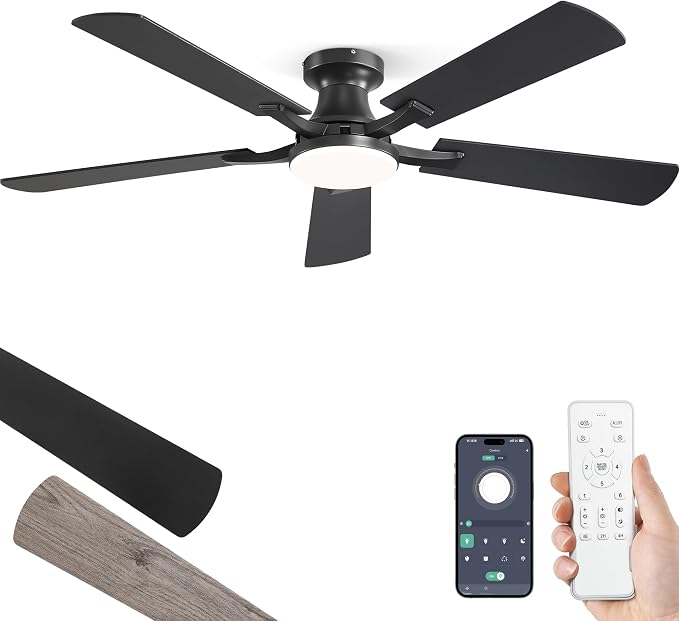 ZMISHIBO 36 Inch Ceiling Fans with Lights, Remote&App Control, Flush Mount | Low Profile, Dimmable 20W LED Light, Quiet Reversible Motor, Strong Airflow, Easy Install for Bedroom/Living Room/Apt, Black