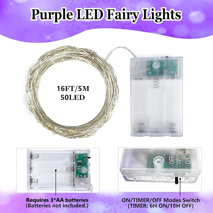 4 Pack Fairy Lights Battery Operated Halloween String Lights Timer Purple | Each 16FT 50 LED, Flexiable Cuttable Waterproof Wire, Fairy String Light Indoor Outdoor for Halloween Haunted Party DIY Decor