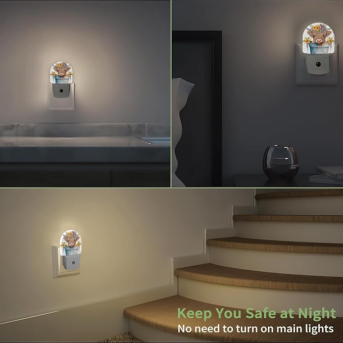 Highland Cow Night Light, Cute Nightlight Plug into Wall with Dusk to Dawn Sensor, LED Lamp Energy Saving Lights for Boys Girls,Lamp for Bedroom Bathroom Hallway