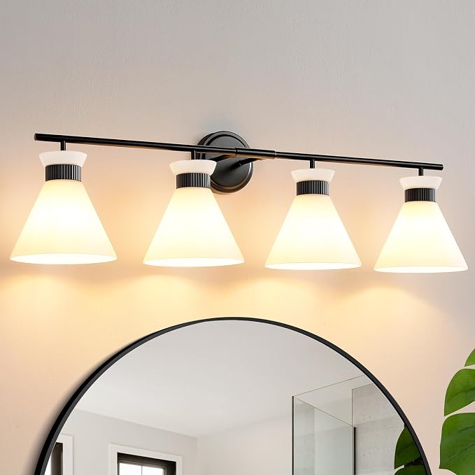 Black Bathroom Vanity Light Fixtures: Bathroom Lighting Fixtures over Mirror 36 inch with Milky White Frosted Glass, 4 Bulbs Farmhouse Vintage Vanity Lighting Bathroom Wall Light(Exclude Bulb)