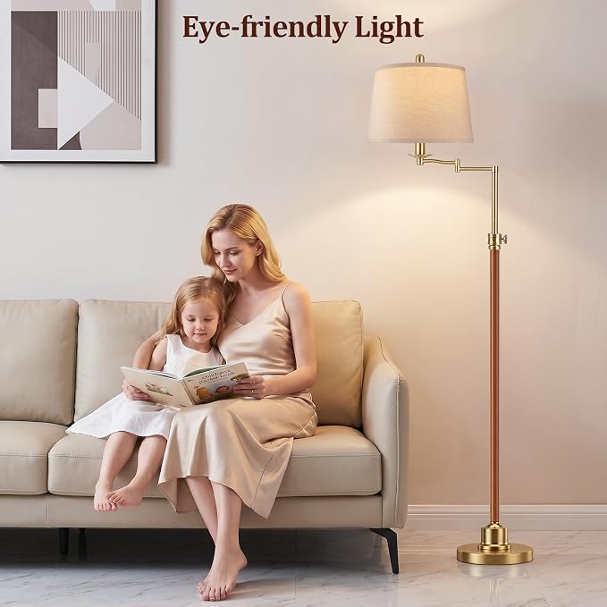 Vintage Floor Lamp for living room, Walnut Gold Farmhouse Standing Lamp with 350° Swivel Swing Arm, 56.6''-66'' Mid Century Modern Height Adjustable Tall Lamp for Bedroom Office(LED Bulb Included)