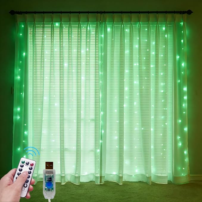 300 LED Fairy Curtain Lights, 9.8 x 9.8FT Green USB Plug in 8 Modes Hanging Lights with Remote for Christmas, Bedroom, Indoor, Outdoor, Weddings, Party (Green)