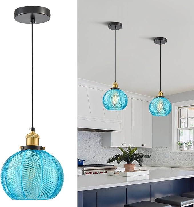 7.8in Vintage Pendant Light 1- Light Kitchen Sink Pendant Lights with Blue Hand Blown Glass Small Hanging Lamp for Kitchen Island Dining Room Bedroom Bathroom Hallway E26