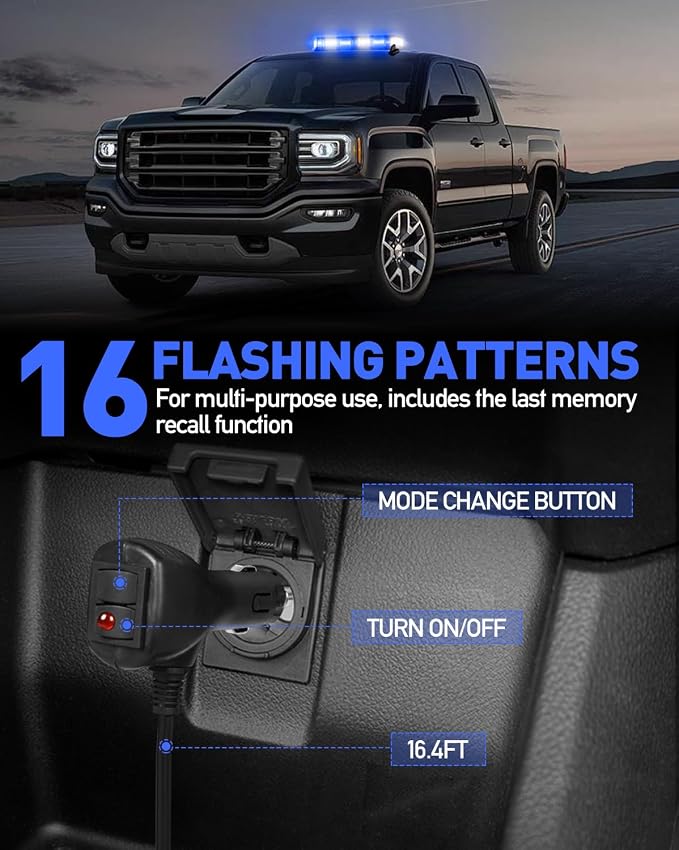 HLauto 406D Rooftop Emergency Strobe Lights Bar, 102 LED Blue White Mini Beacon Safety Flashing Warning Traffic Lights Bar w/Magnetic Base for 12-24V Trucks, Construction Vehicles, Snowplow, Cars