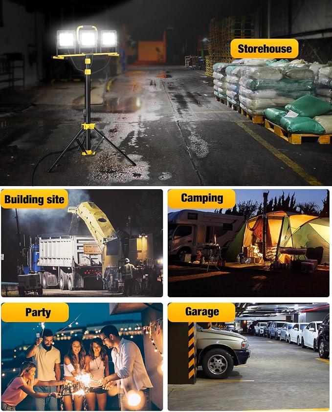 Upgraded LED Work Lights with Stand, 21000 Lumen, 3-Head Adjustable Work Light, Waterproof Foldable Tripod, Extended Cord for Outdoor & Indoor Job Sites, Workshops, Construction, Garage Lighting