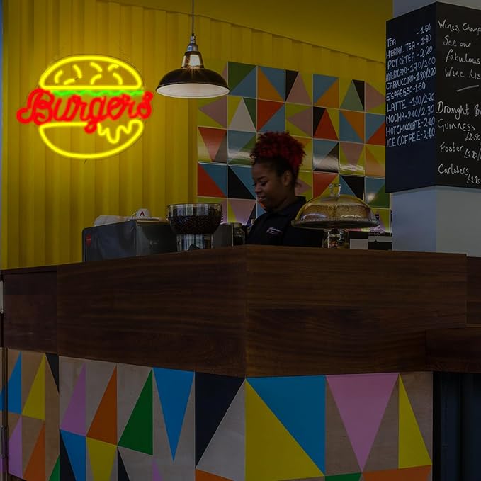 Hamburger Neon Sign USB Powered Wall Decor | Adjustable Brightness, Energy Efficient, 3D LED Light, Restaurant Bedroom Cafe Kids Room, 12.8x16.7in