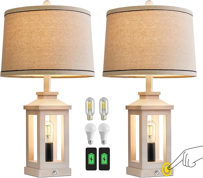 G-SAFAVA 23.75" Retro Farmhouse USB C+A Ports Table Lamp Set of 2 with 3 Way Dimmable Touch Control White Nightlight Vintage Modern Lamp for Living Room Bedroom with 2 Light Sources