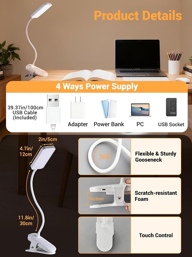 Clip on Lamp, 9 Brightness+5 Colors Reading Lights for Books in Bed Lamp | 4000mAh Battery Clip on Light,450 Lumen Rechargeable Desk Lamp for Dorm Lamp,Book Light for Reading in Bed Headboard/Bedside