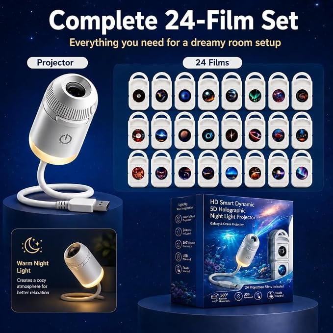 2027 Upgraded Plug and Play Hd Star Projector with 24 Films, Hd Smart Dynamic 5D Holographic Night Light Projector, 2-in-1 Galaxy Star Projector, 360 Rotating, Usb Powered (With 3 Films)