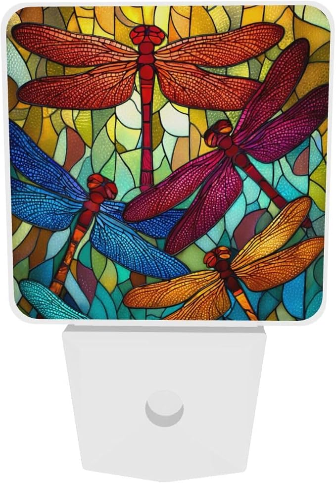 Colorful Dragonfly Night Light Set of 2, Summer Auto Sensor LED Dusk-to-Dawn Nightlights, Plug-in Sensor Lamp for Bedroom Bathroom Kitchen Hallway Stairs Decorative
