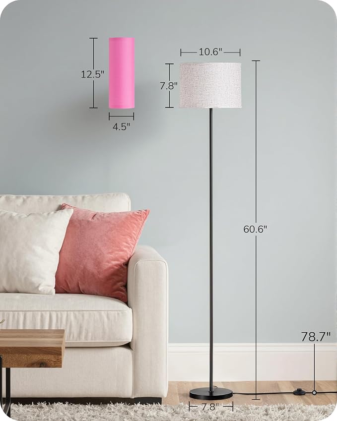 EDISHINE 2 Lampshades Modern Floor Lamps for Living Room Pink | 63.7", Remote Control, Foot Switch, 2700-6000K Dimmable, 9W Bulb Included, Minimalist Standing Lamp for Bedroom, Office