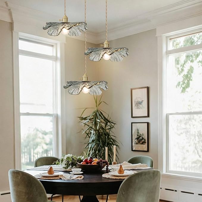 Gold Brass Chandelier 3-Light Retro Hanging Pendant Light Fixtures Dark Green Glass Shade Mid Century Modern Chandelier for Dining Room Farmhouse Living Room