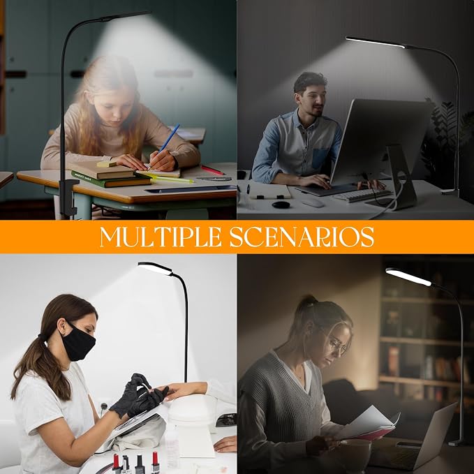 LED Desk Lamp with Clamp, 3 Color Modes 10 Brightness Levels, Long Flexible Gooseneck, Ultra Wide Brightness Range, led Clip Desk lamp, USB Eye-Caring Clip on Lights for Home Office, Black